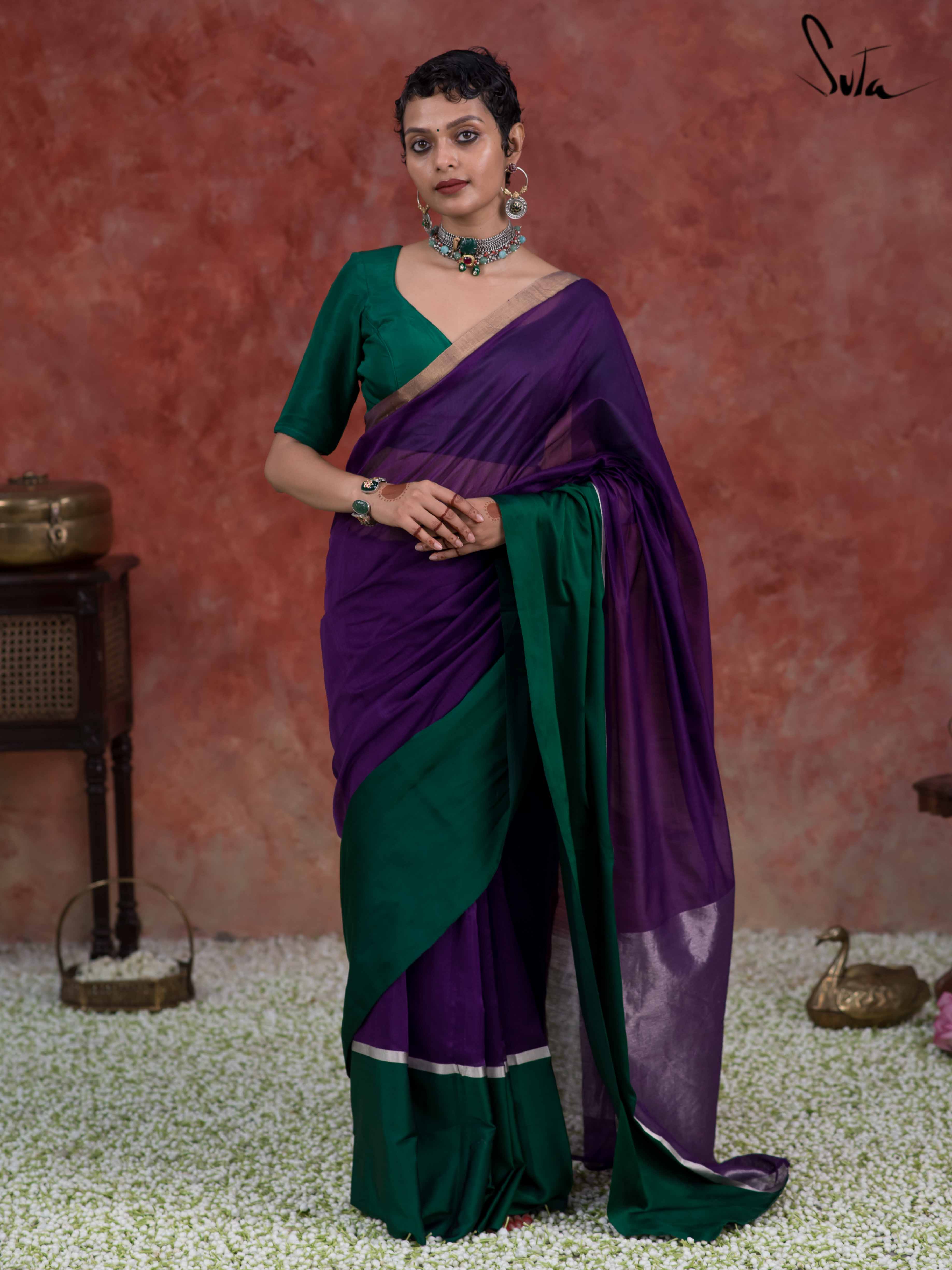 Purple with Green Blouse with Silver Zari Saree – casualsaree