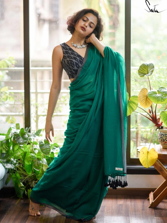 Mulmul Cotton Plain Saree In Green|Evergreen in Kerala|Suta