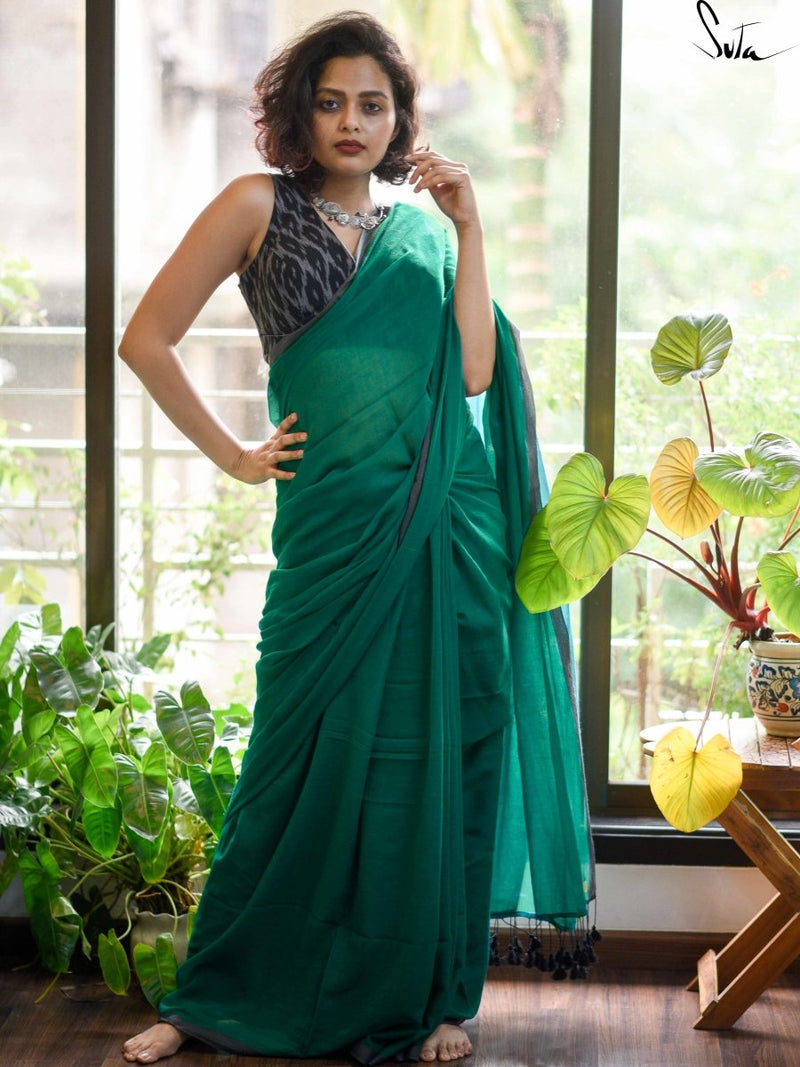 Mulmul Cotton Plain Saree In Green|Evergreen in Kerala|Suta