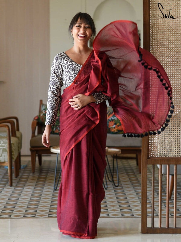 Soft Mulmul Cotton Plain Saree In Maroon|Kochu Pata|Suta