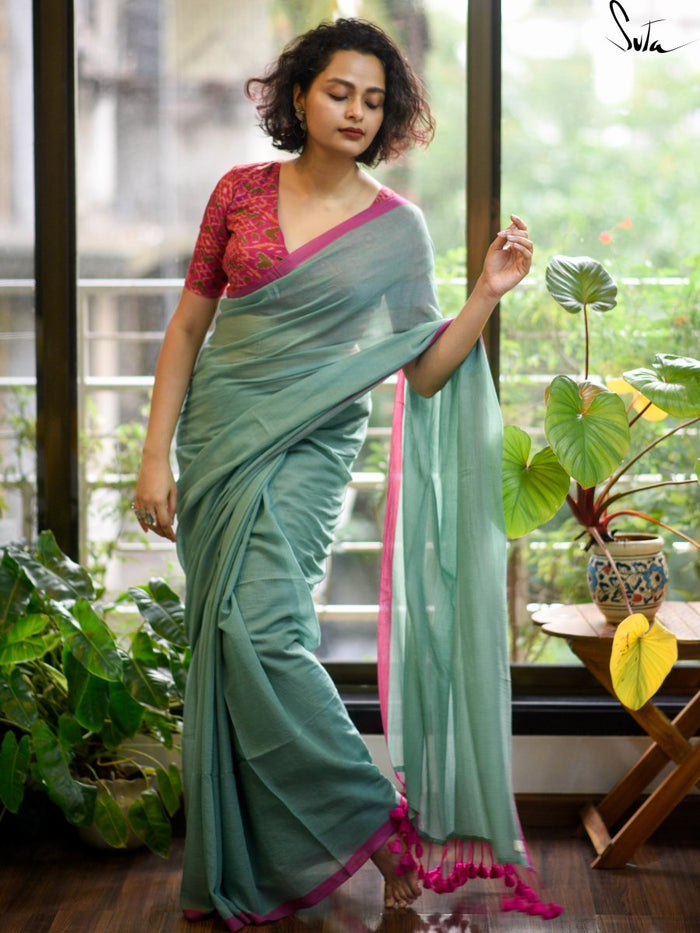 Soft Mul Cotton Teal Green Saree|Lotus In Thirunavaya|Suta