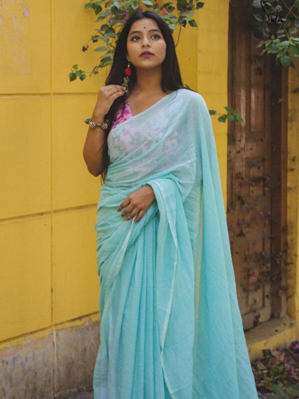 Mul Cotton Fancy Sky Blue Saree|Minty Celestial Sky|Suta