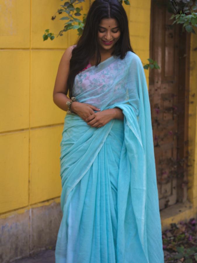 Mul Cotton Fancy Sky Blue Saree|Minty Celestial Sky|Suta