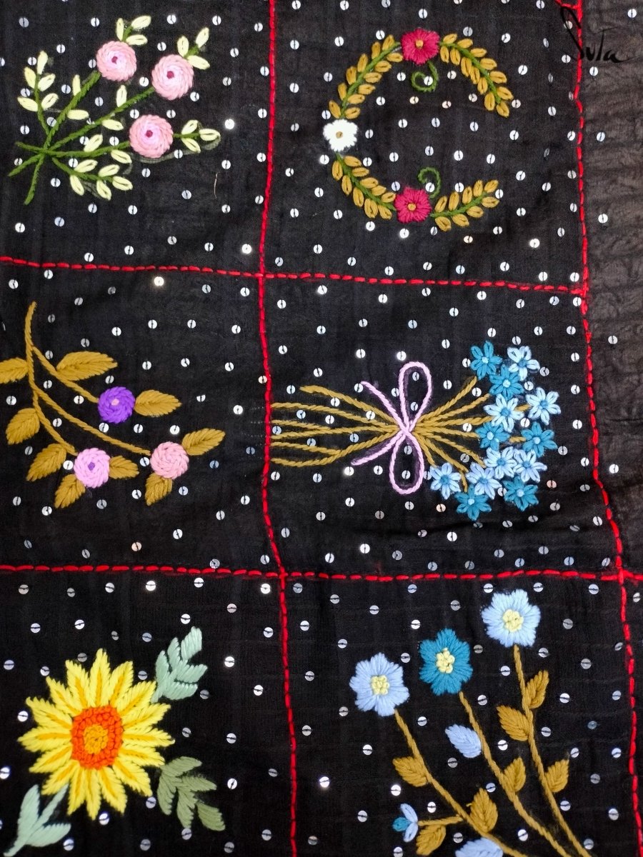 Suta Pattern Floral Design Cotton Sequin Black Saree|Ocean Oasis|Suta