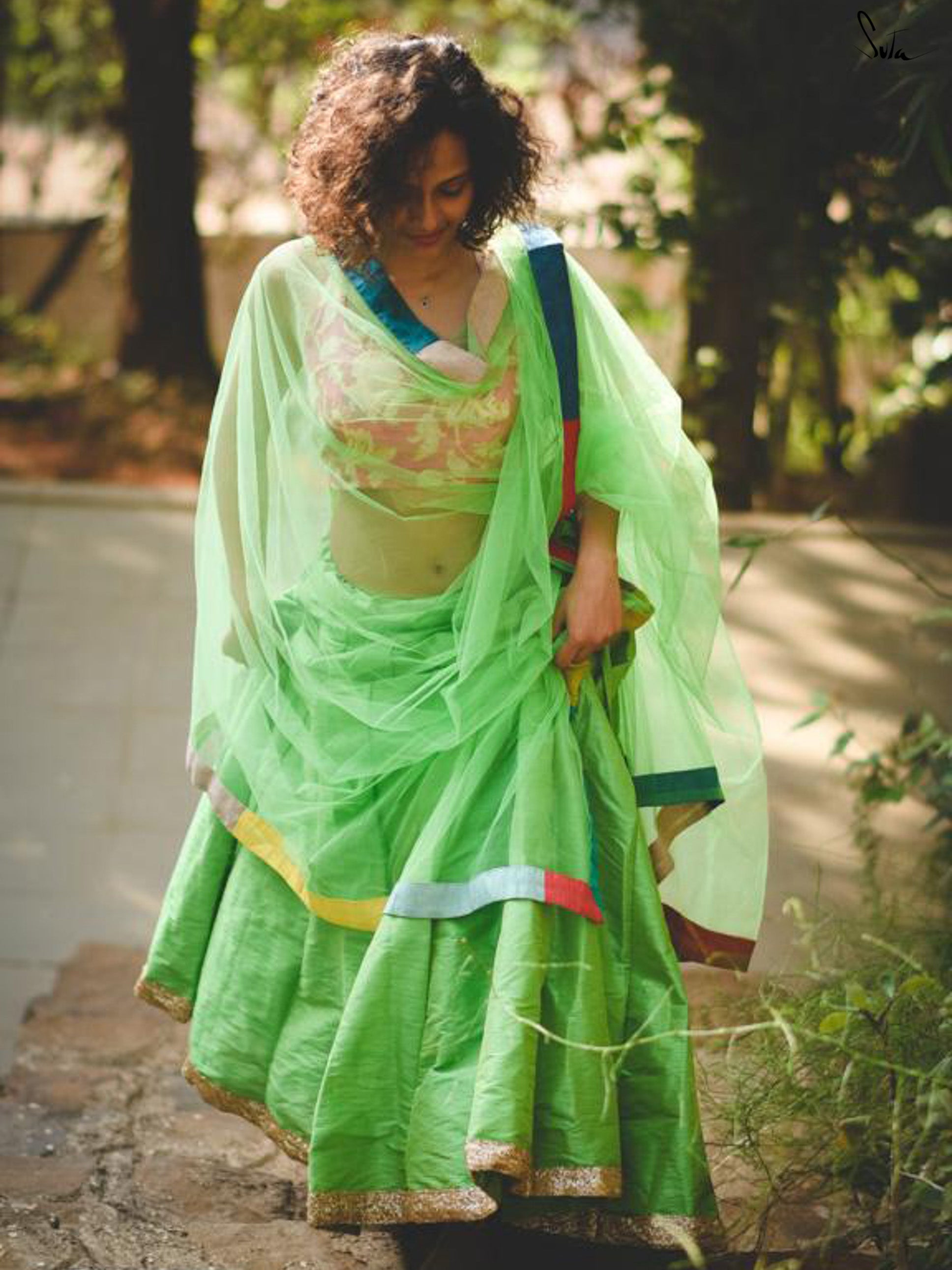 Parrot green Raw silk skirt