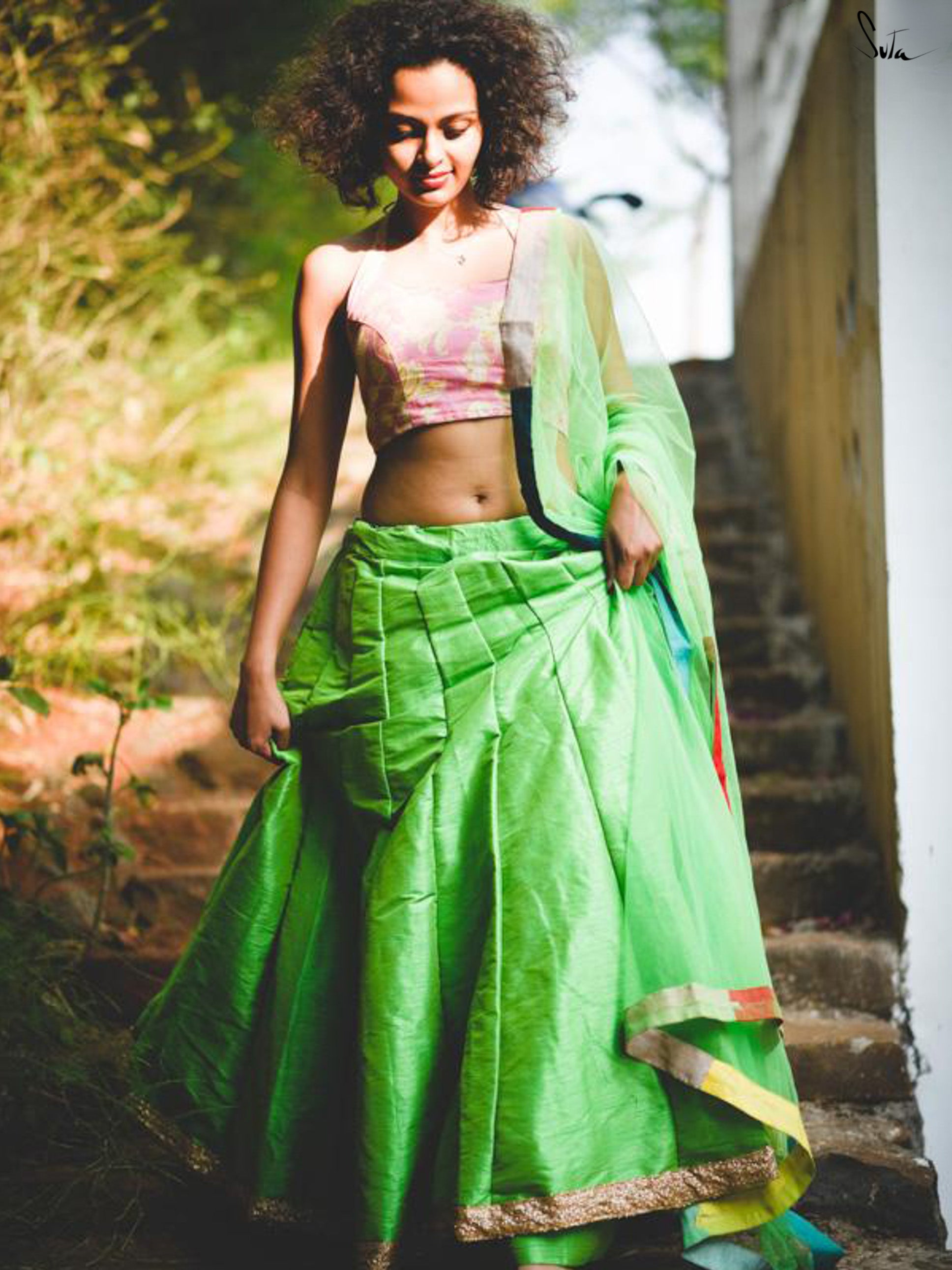 Parrot green Raw silk skirt