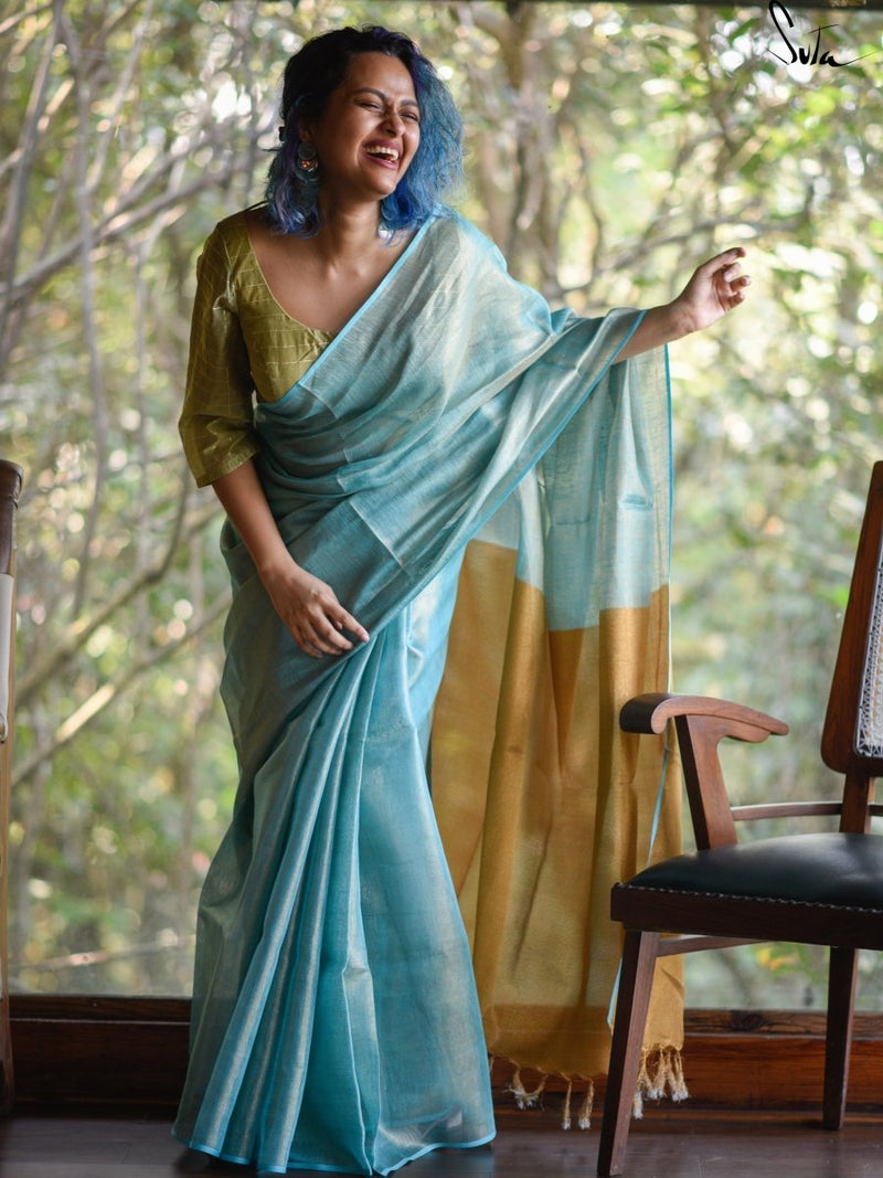 Linen Zari Aqua Blue Saree With Blouse Piece|Raga Abheri|Suta