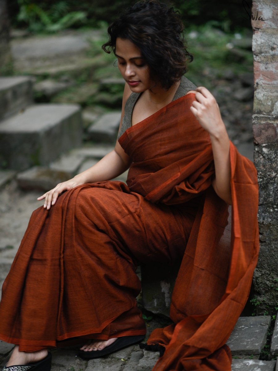 Soft Mulmul Cotton Rust Colour Saree With Tassels|Rustic|Suta