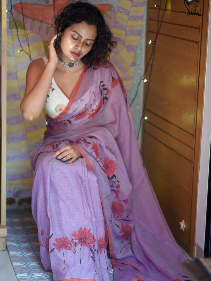 Cotton Lavender Saree|Sunkissed Daisies Of Africa|Suta