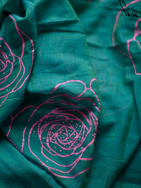 Cotton Floral Print Teal Blue Saree|The Tranquil Sepals|Suta