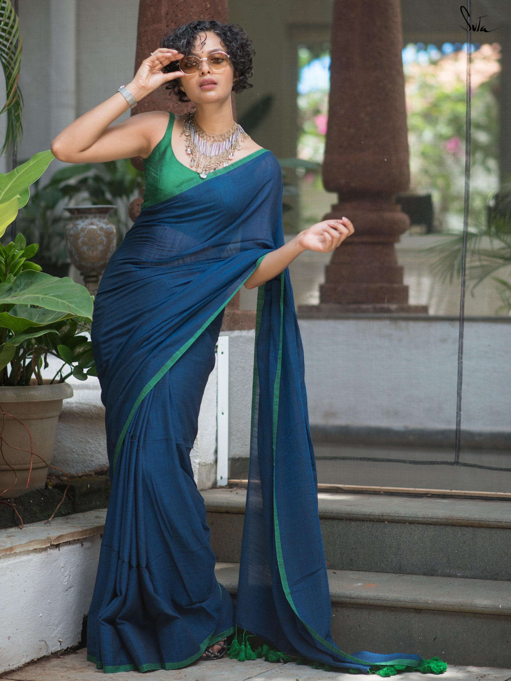 Soft Viscose Cotton Plain Blue Saree With Tassels|Jheel|Suta