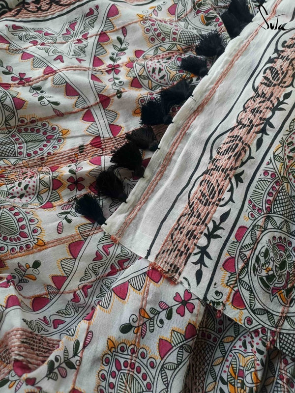 Mulmul Cotton Printed White Designer Saree|Warli Khesh|Suta