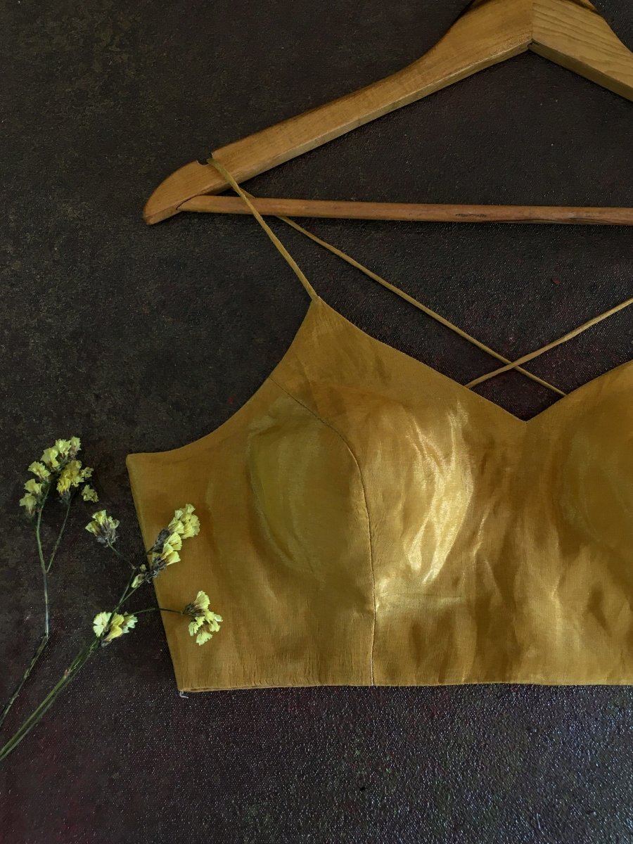 Tissue Silk Golden Sleeveless Blouse With V Neck, Aaira