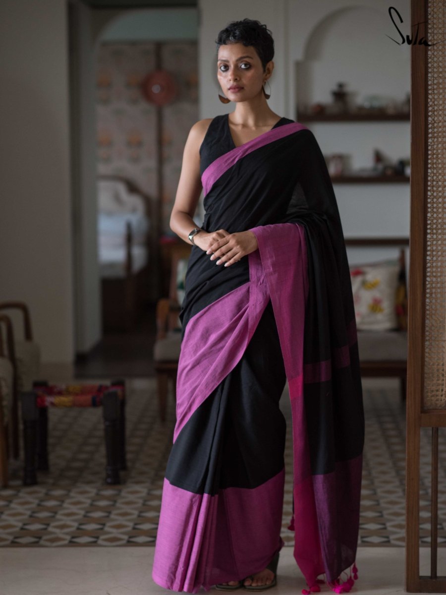 Soft Cotton Saree In Black And Purple|Alfaazi Army|Suta