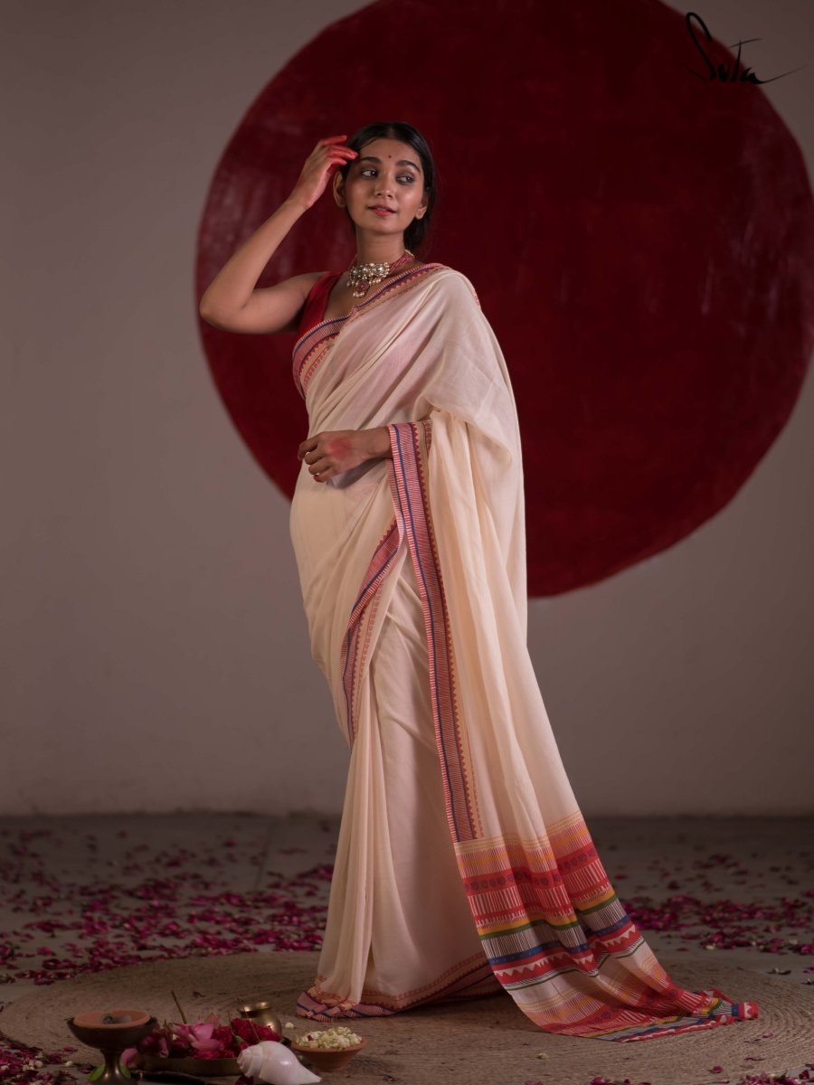 White Saree With White Border - Sri Kumaran Stores