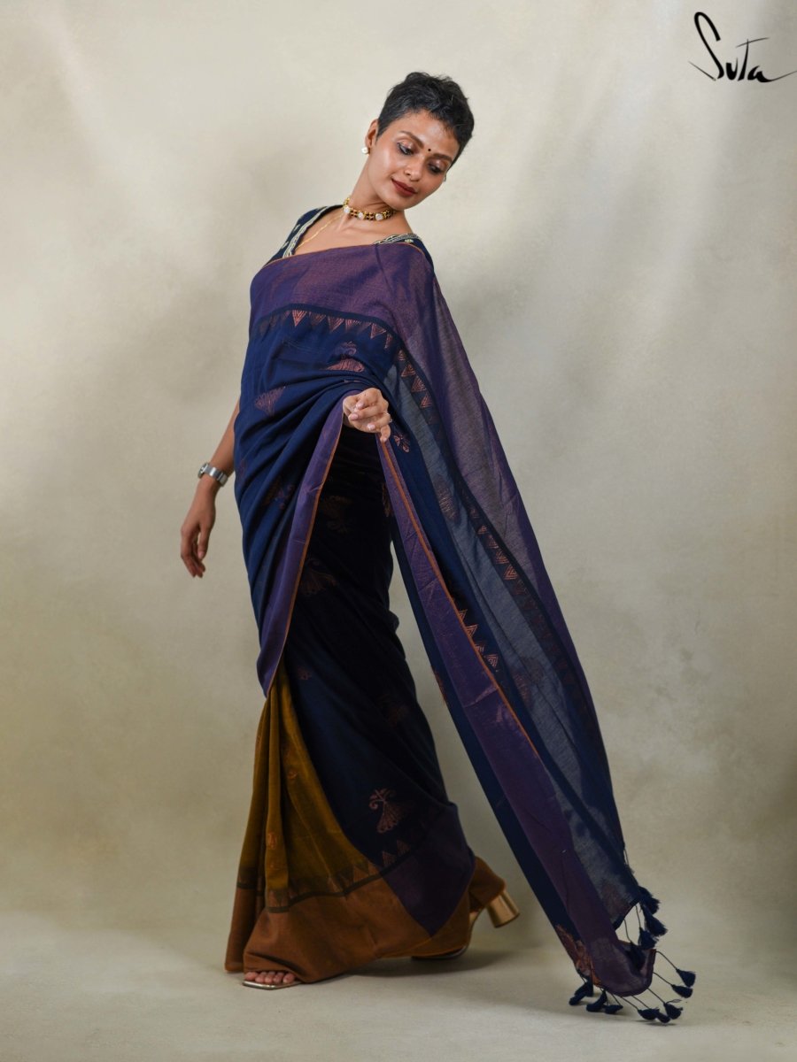 Navy Blue Malmal Cotton Saree with Contrast Blouse Piece - Jhanvi Fashions