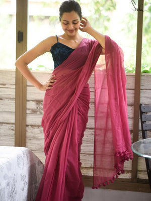 Soft Mulmul Cotton Simple Saree In Pink|Bougainvillea|Suta