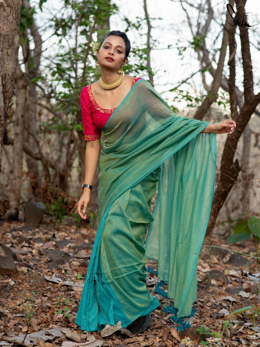 Cotton Zari Blue Green Saree With Tassels|Curious Sitara|Suta