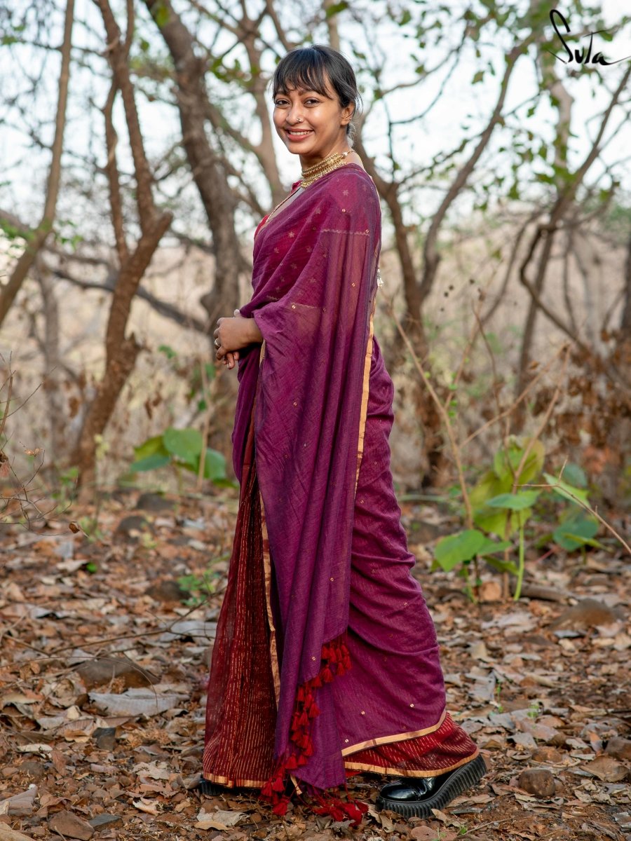 Cotton Maroon Saree With Sequins Eternal Evening Swara Suta