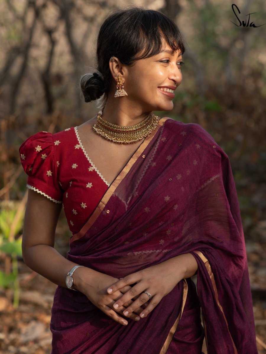 Maroon Cotton Zari Saree