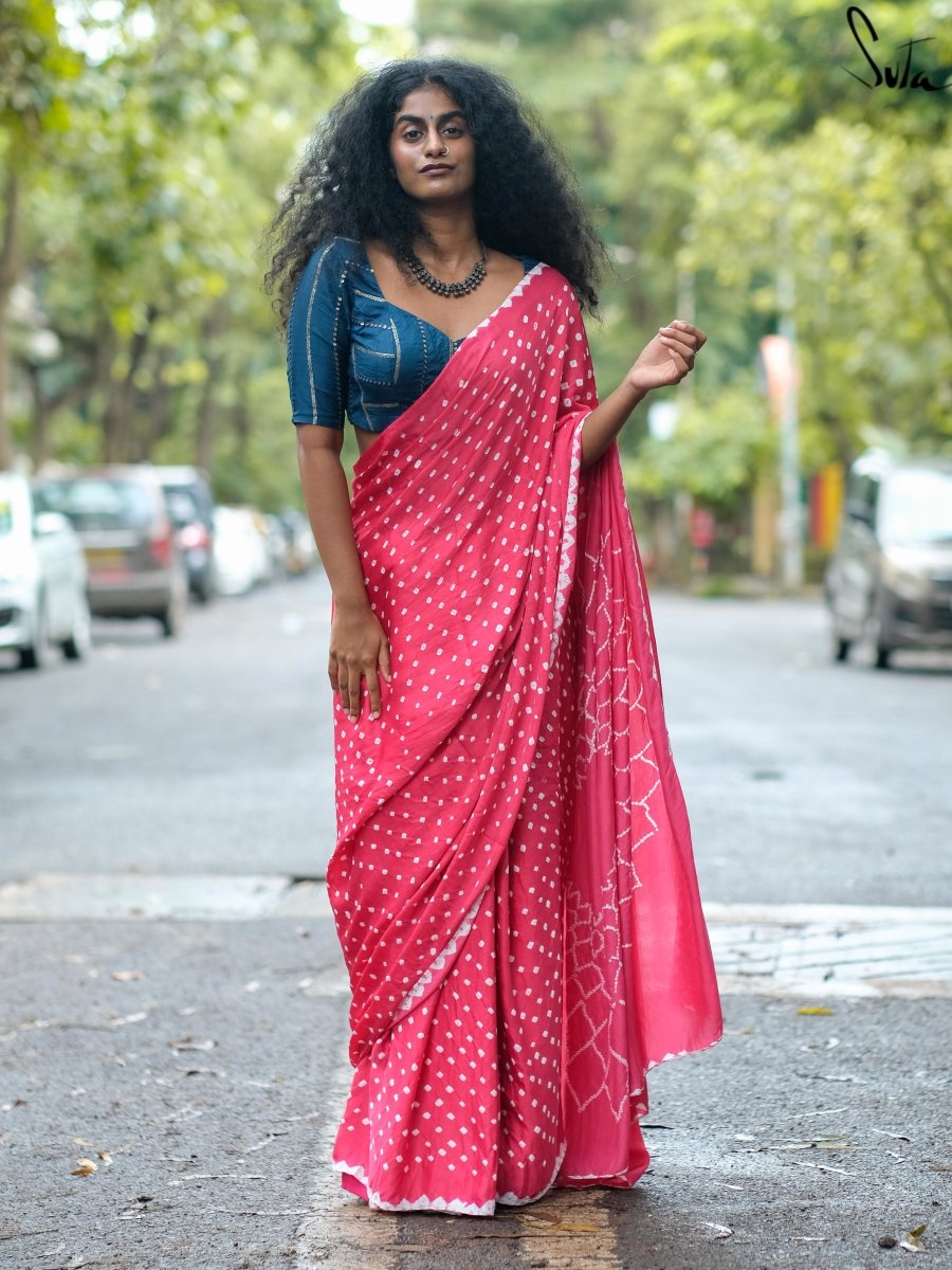 Teejh Gaurangi Indigo Print Linen Saree With Blouse Piece