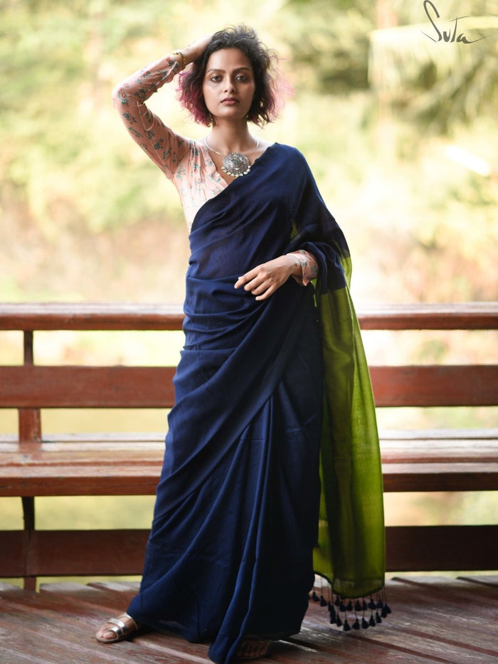 Green And Blue Cotton Saree With Blouse Piece|Gratitude|Suta
