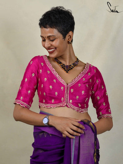 Viscose Embroidered V Neck Pink Blouse|Gulabi Madhu|Suta