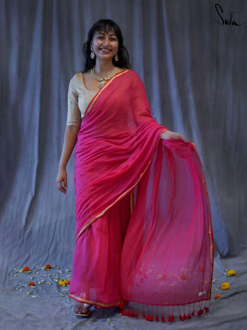 Pink Mulmul Cotton Soft Saree With Zari|Haryali Chhaya|Suta