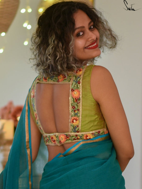 Silk Green Sleeveless Blouse With V Neck|Hariyali Bagicha|Suta