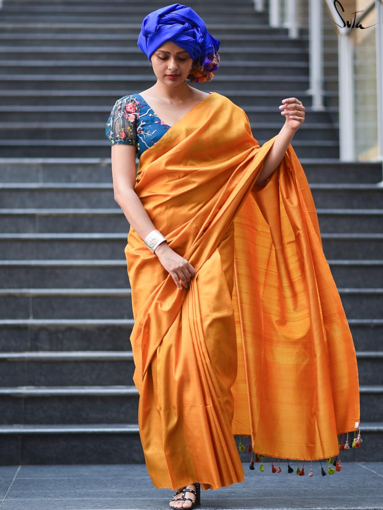 Yellow plain chiffon saree with blouse - VALAM PRINTS - 3018011