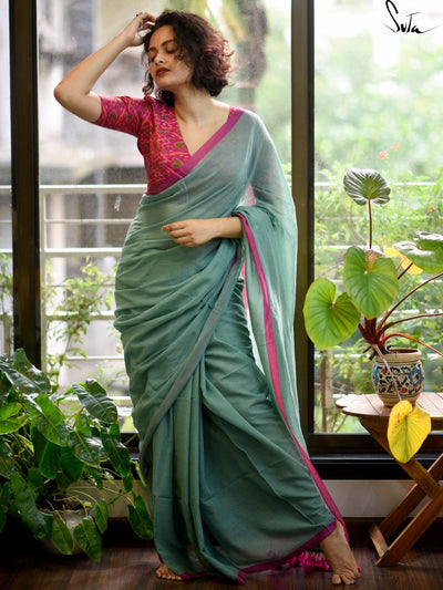 Soft Mul Cotton Teal Green Saree|Lotus In Thirunavaya|Suta