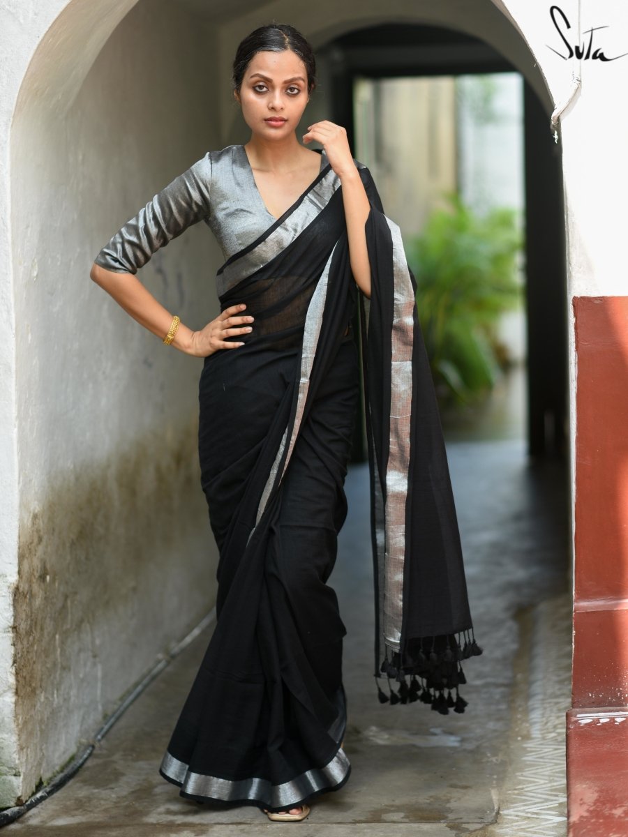 Elegant Black Banarasi Inspired Handwoven Linen Saree - Loomfolks