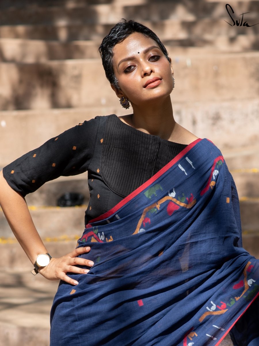 Black Handloom Cotton Boat Neck Blouse Meri Anjum Suta