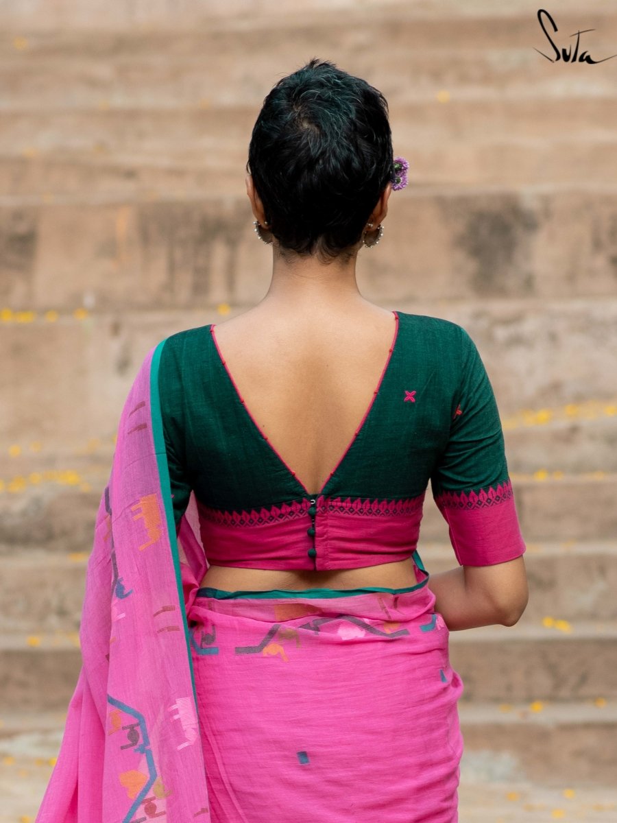 Honey brown handloom V neck blouse with handpainted kalamkari band