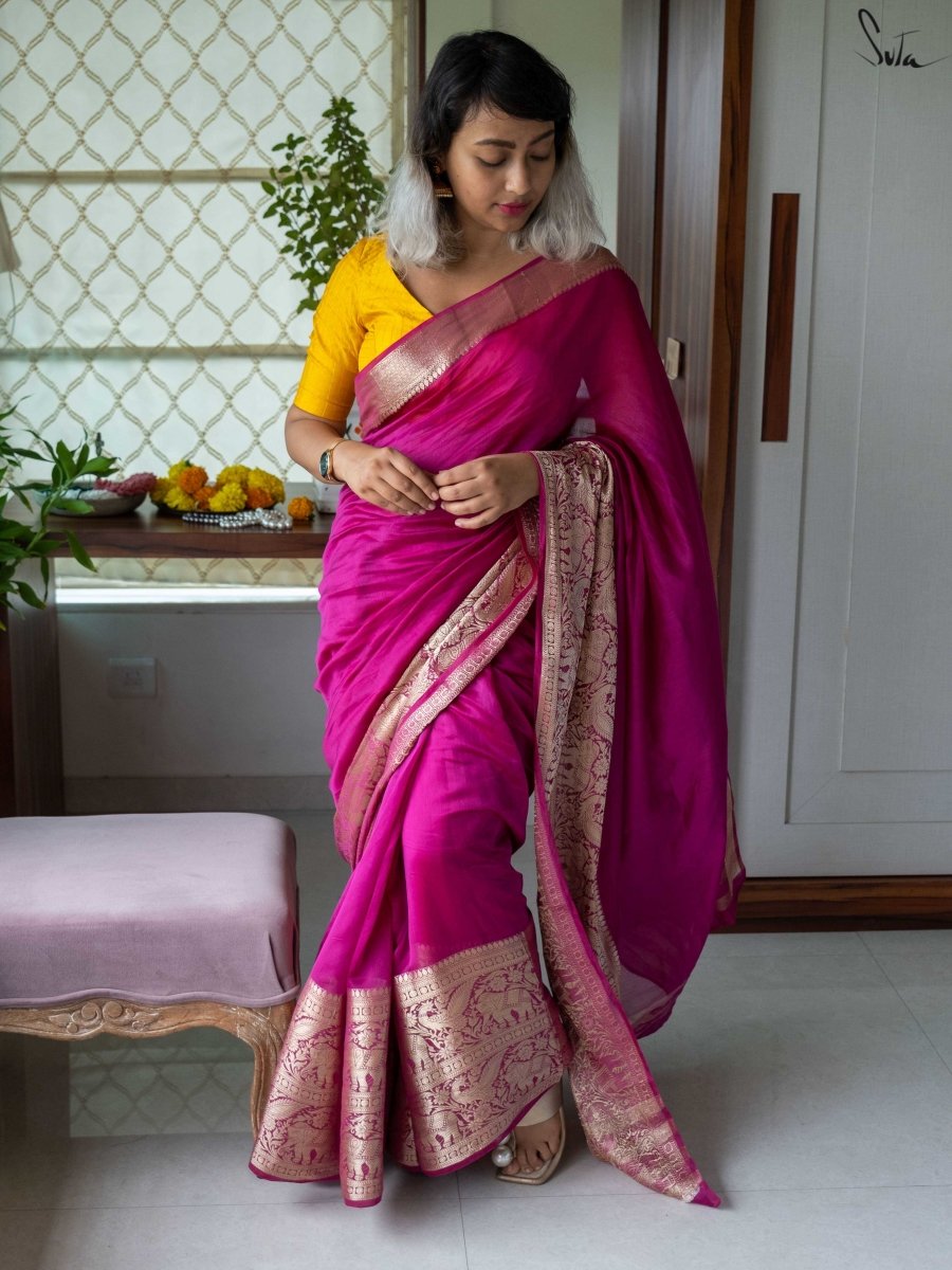 Designer Border Cotton Silk Saree In Pink|Mighty Dusk|Suta