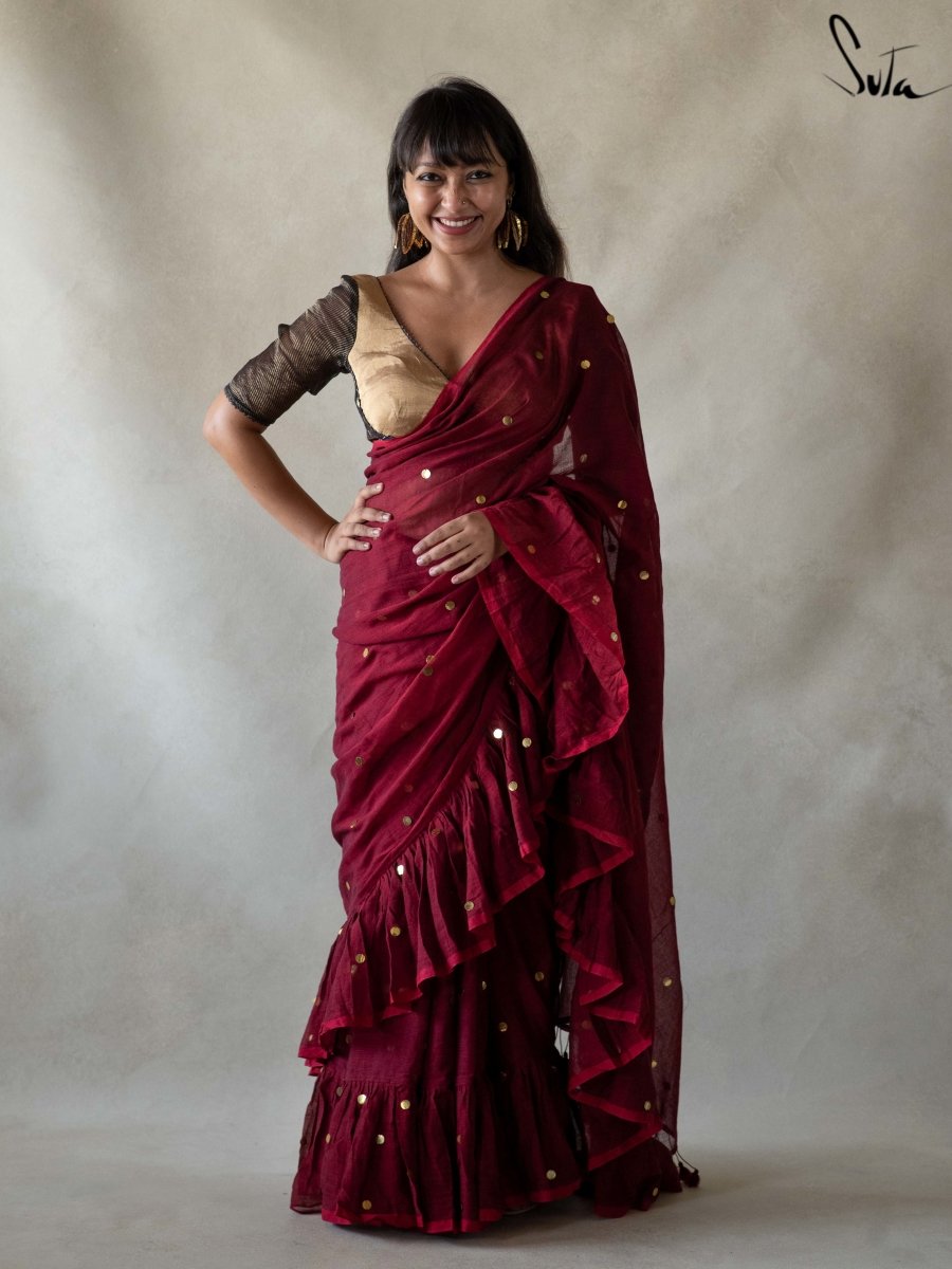 Buy Inddus Maroon Georgette Ruffle Saree With Unstitched Blouse - Sarees  for Women 11423232 | Myntra