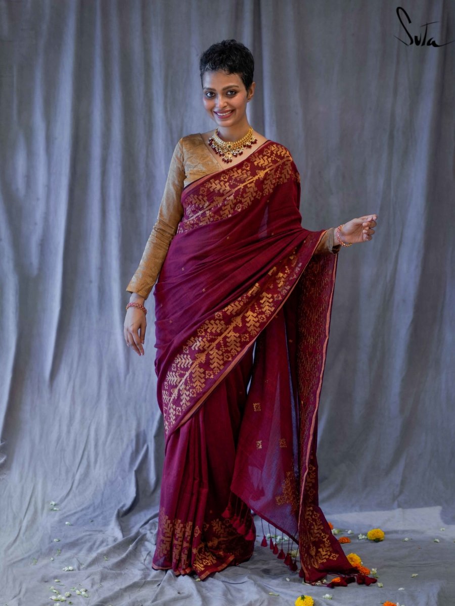 Burgundy Embroidered Silk Saree