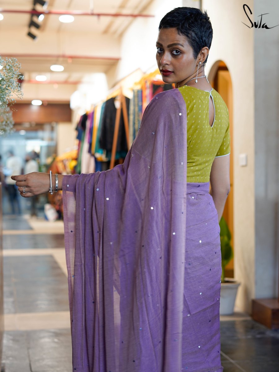 Sea Blue Designer Dola Silk Saree With Lavender Blouse | Kolour