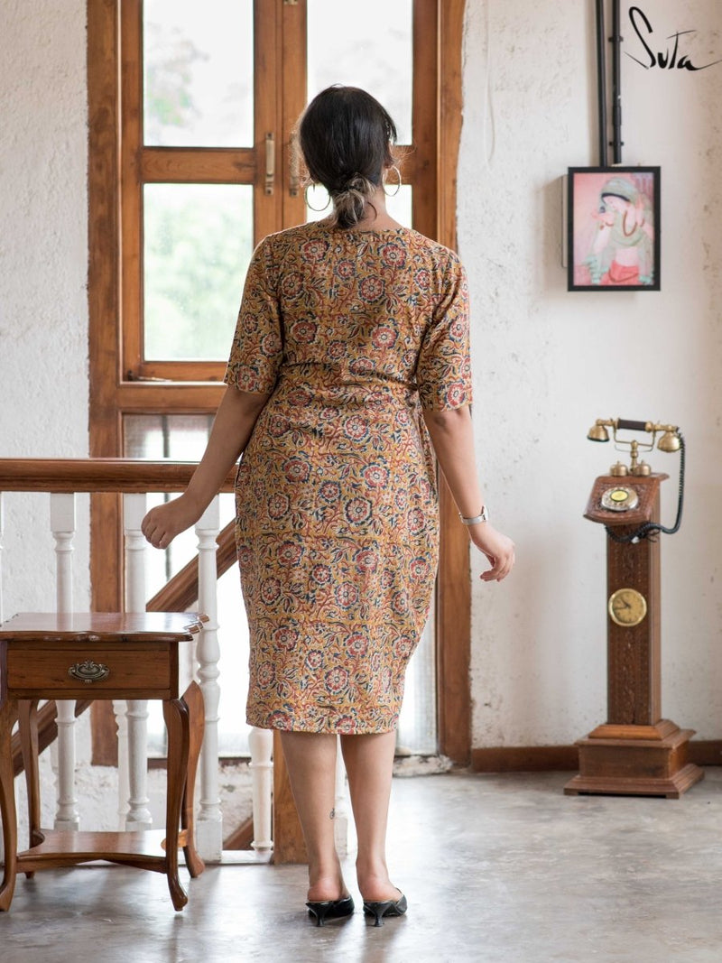 One Piece Soft Cotton Floral Dress In Mustard|Natkhat|Suta