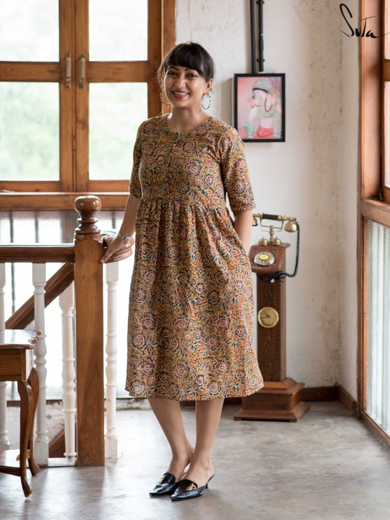 One Piece Soft Cotton Floral Dress In Mustard|Natkhat|Suta