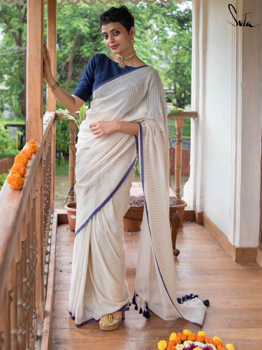 Pure Linen Hand Cutwork Design Off White Colour Saree with Running Blouse-Indiehaat  – Indiehaat.com