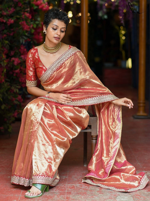 Shimmering Red Chanderi Silk Saree With Lace Border|Opal|Suta