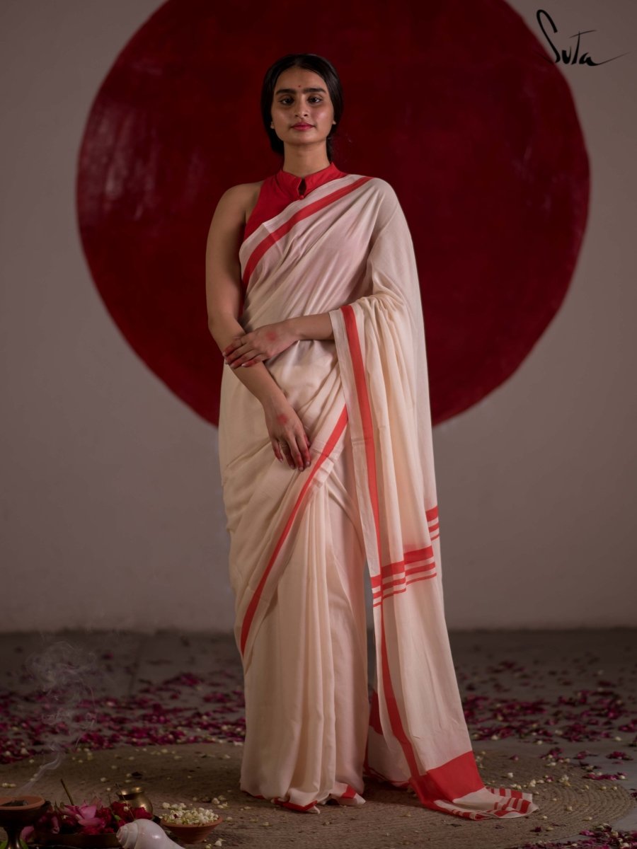 fcity.in - Aishwarya Sarees Women Gorod Lal Paar Bengali Durga Puja Lal Sada