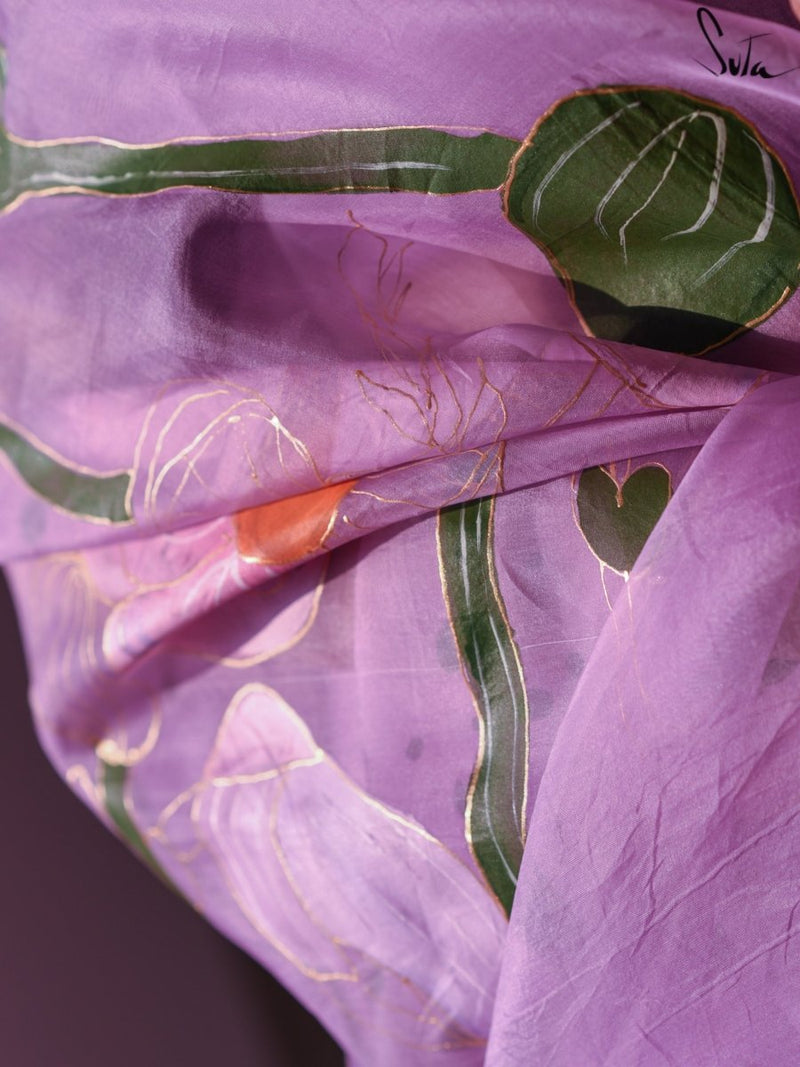 Lavender Silk Organza Saree|Purple Crowned Fairywren|Suta