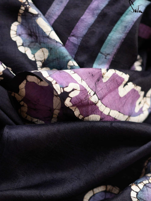 Batik Print Designer Silk Black Saree|Purple Seaweed|Suta