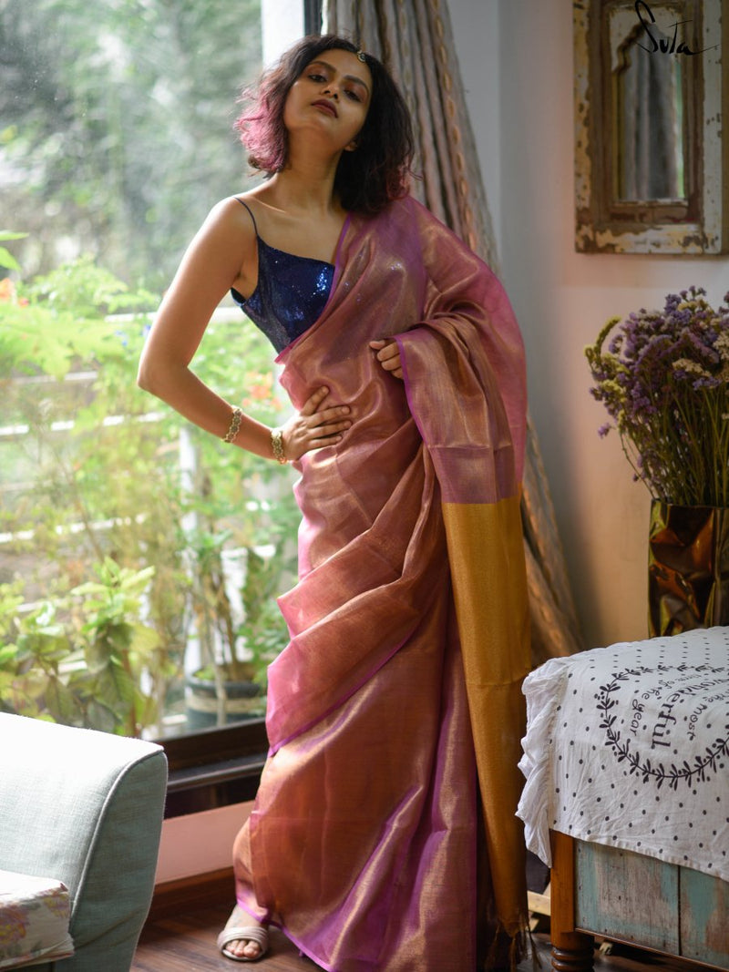 Linen Zari Golden Pink Saree With Tassels|Raga Asavari|Suta