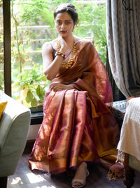 Pink Gold Linen Saree With Blouse Piece|Raga Bhairavi|Suta