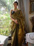 Golden Linen Zari Saree With Blouse Piece|Raga Hamsadhvani|Suta