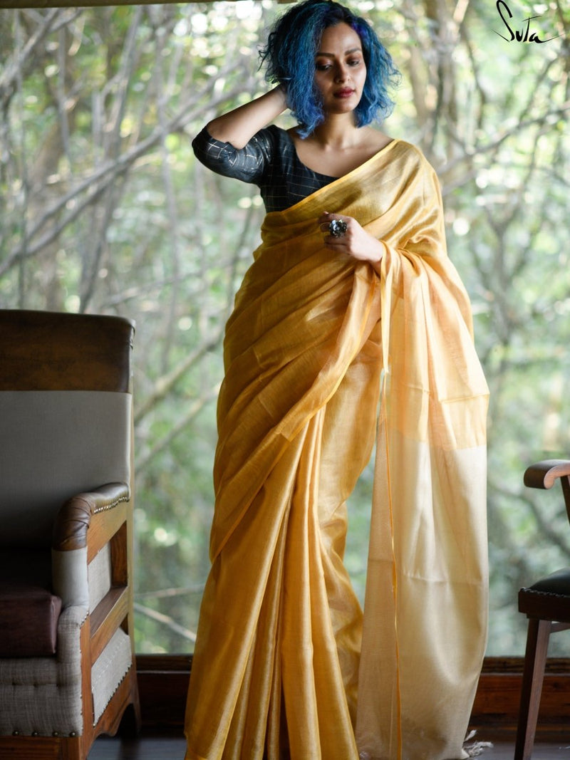 Linen Golden Saree With Blouse Piece|Raga Shankarabharanam|Suta