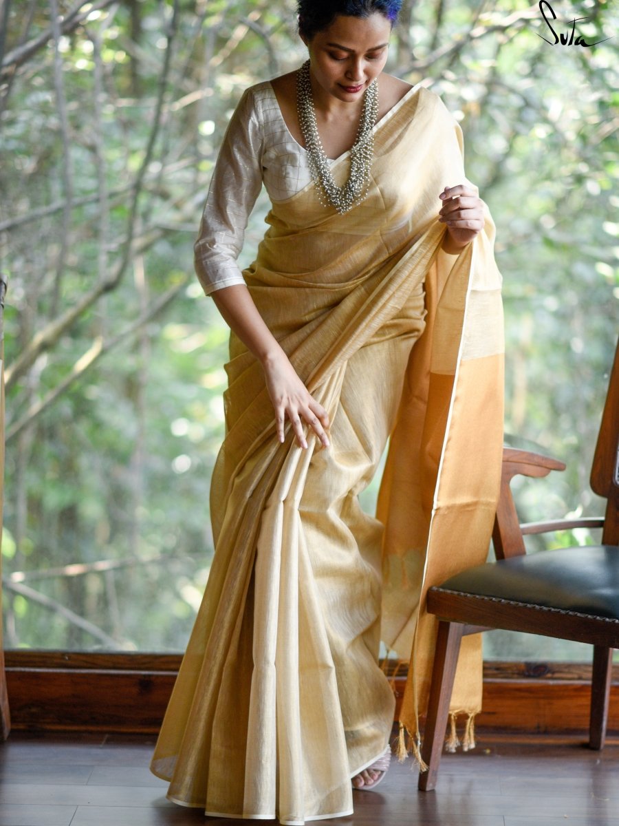 Zari Cream Colour Linen Saree, Raga Shanmukhapriyam